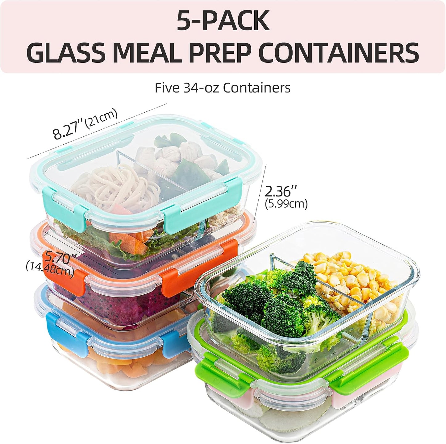 5-Pack,3 Compartment Glass Meal Prep Containers Set,34oz, Divided Food Storage Containers with Lids, Glass Lunch Box with 3 Dividers