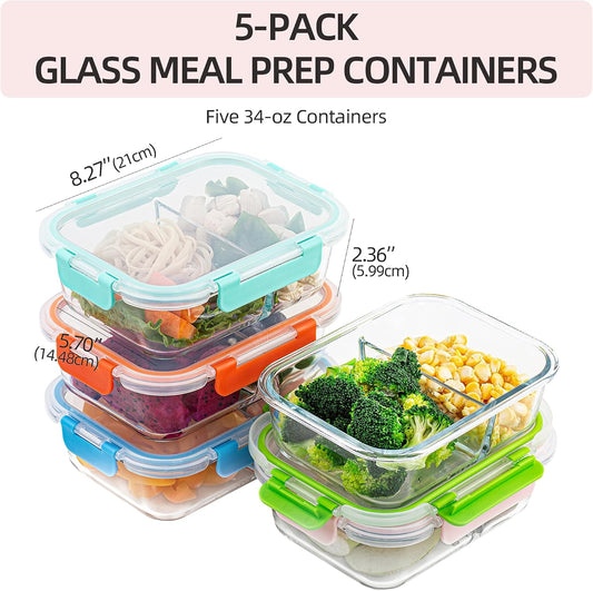 5-Pack,3 Compartment Glass Meal Prep Containers Set,34oz, Divided Food Storage Containers with Lids, Glass Lunch Box with 3 Dividers