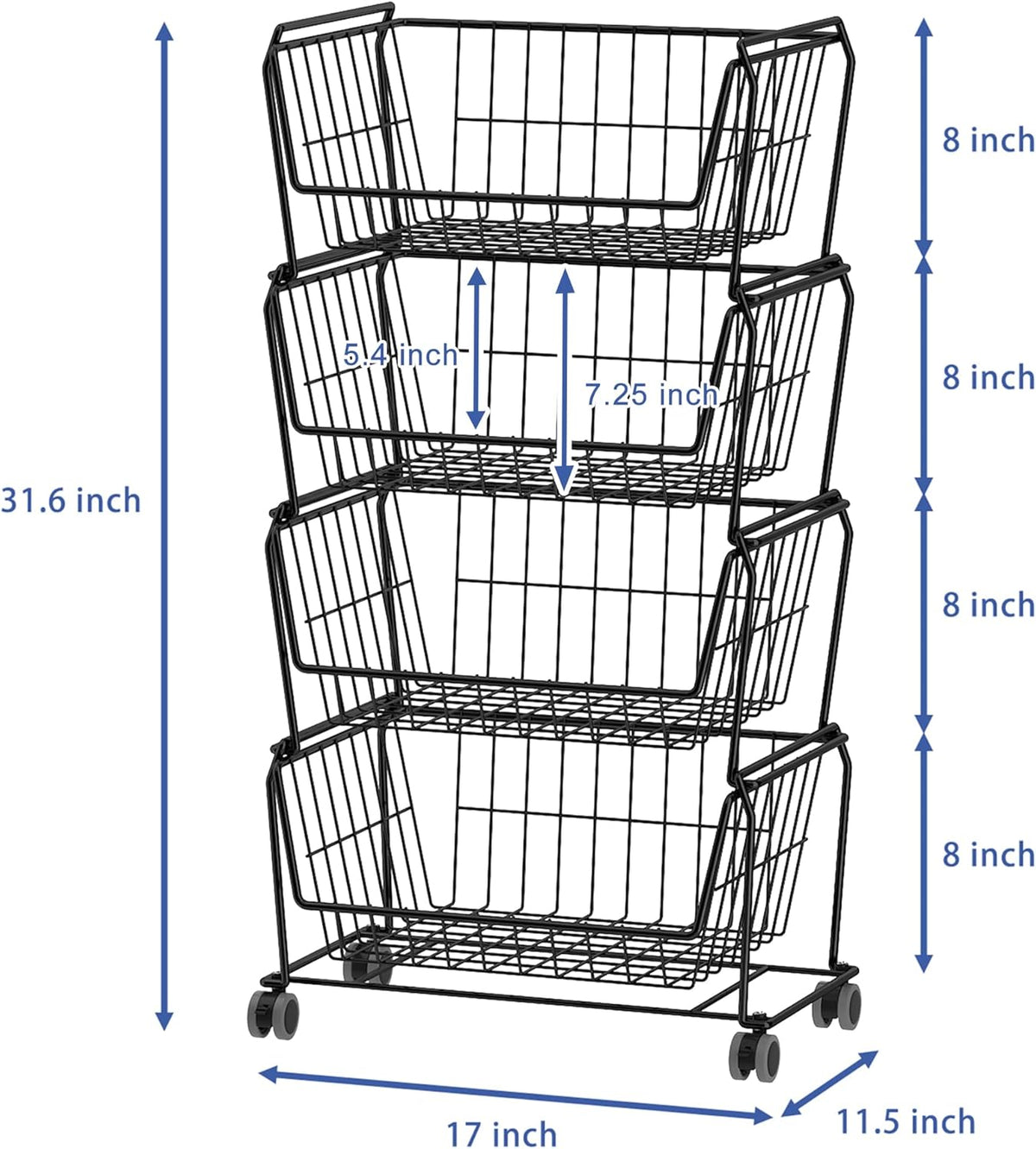 PUSDON 4-Tier Spacious Stackable Wire Storage Baskets with Wheels, Metal Rolling Utility Cart Organizer, Fruit and Vegetable Produce Basket for Kitchen Pantry, Everyday Bathroom Shelf, Silver Grey