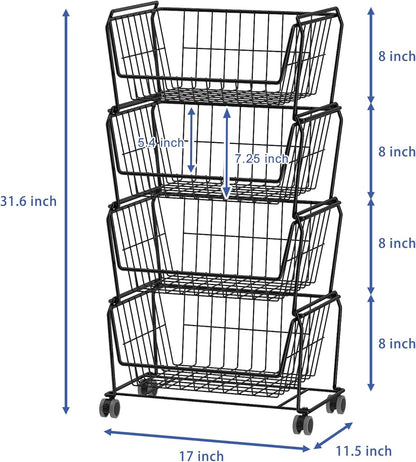 PUSDON 4-Tier Spacious Stackable Wire Storage Baskets with Wheels, Metal Rolling Utility Cart Organizer, Fruit and Vegetable Produce Basket for Kitchen Pantry, Everyday Bathroom Shelf, Silver Grey