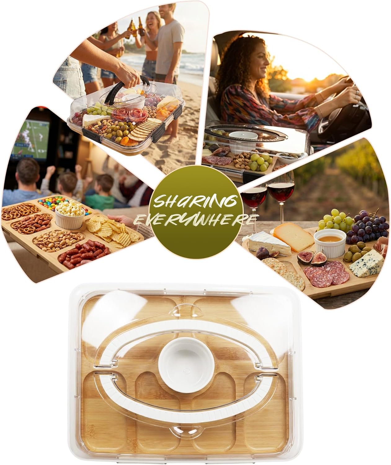Charcuterie Board with Lid & Ice, Upgraded 6 Snap Laches, Sauce Cup Included, Large Portable Cheese Tray with Handle, Serving Tray for Picnic & Pool, House Warming Gifts New Home (Black)