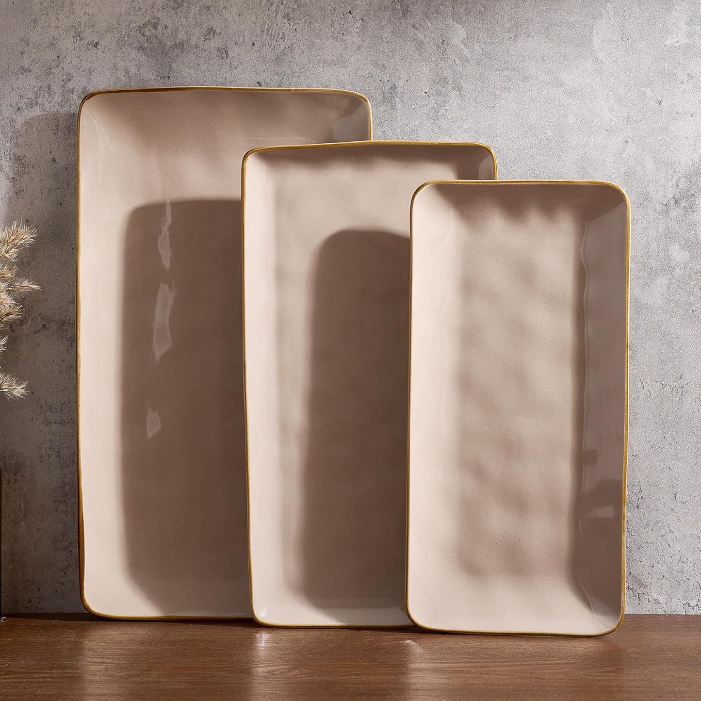 Famiware Serving Platter, Rectangular 15.67/14.1/12.6inch Serving Dishes for Entertaining, Microwave Dishwasher Safe, Stoneware Serving Trays for Party, Turkey, Cheese, Ocean Series, Cappuccino White