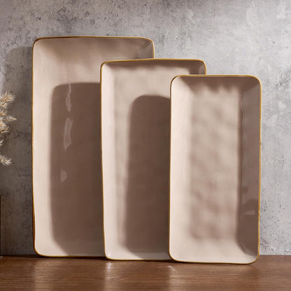 Famiware Serving Platter, Rectangular 15.67/14.1/12.6inch Serving Dishes for Entertaining, Microwave Dishwasher Safe, Stoneware Serving Trays for Party, Turkey, Cheese, Ocean Series, Cappuccino White