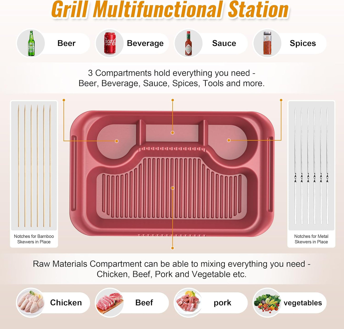 4PCS Plastic Melamine Grill Carry Prep System Tray Set, Marinating Plate for Plating Food & BBQ Prep Tub for Marinating Meats, BBQ Grill Prep Trays