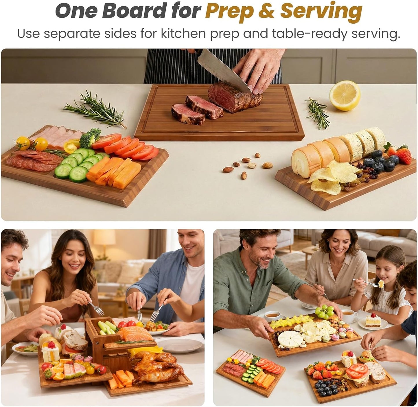 Bamboo Cutting Board Set with Stand, 3PCS Double-Sided Chopping Boards for Kitchen Meal Prep & Serving, Charcuterie, Juice Grooves & Side Handle, Ideal for Meat, Vegetables, Kitchen Essentials, Brown