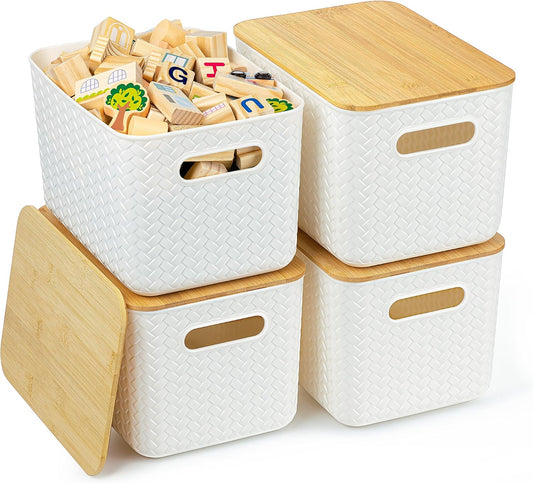 Ohmlove 4 Packs Storage Bins with Bamboo Lids - Plastic Storage Containers with Lids Stackable Storage Box：Storages Baskets for Organizing Desktop Closet Playroom Classroom Office,White