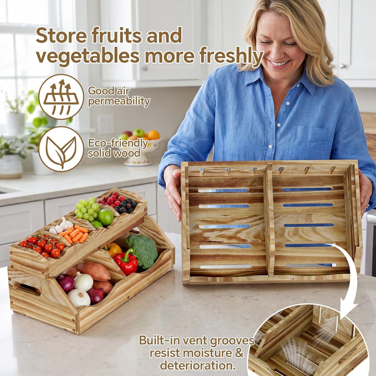 3-Tier Solid Wood Potato and Onion Storage Bin for Kitchen Counter, Stackable Fruit Vegetable Basket with 4-Compartment Top Tray Removable Adjustable, Ventilated Pantry Organizers and Storage