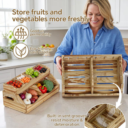 3-Tier Solid Wood Potato and Onion Storage Bin for Kitchen Counter, Stackable Fruit Vegetable Basket with 4-Compartment Top Tray Removable Adjustable, Ventilated Pantry Organizers and Storage