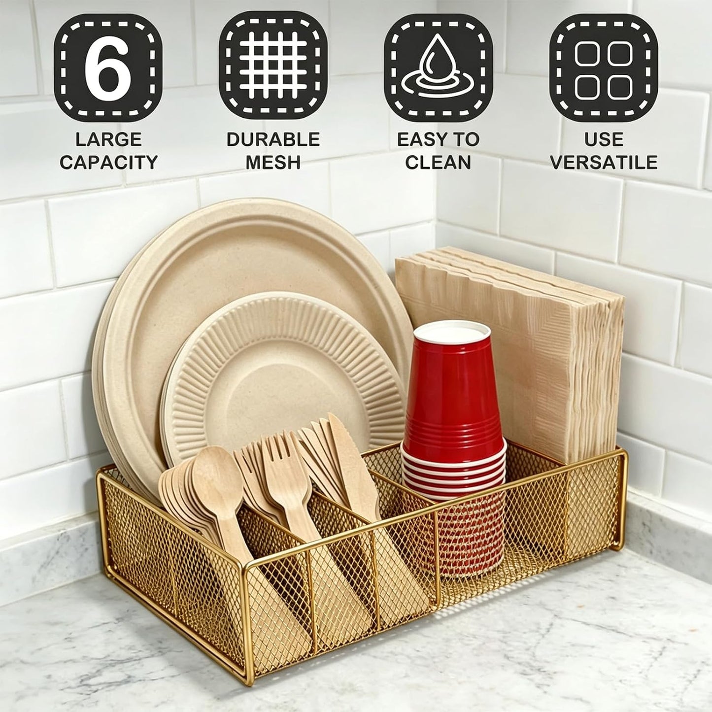 Paper Plate Organizer for Countertop - Metal Utensil Caddy Silverware Holder Cutlery Flatware Plastic Spoon Fork Plates Napkins Cup Storage Dispenser Party Picnic Essentials Camping Supplies