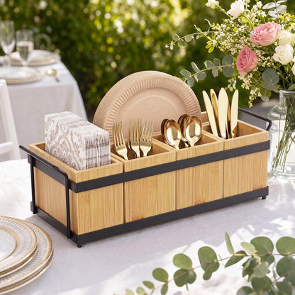 Silverware Caddy for Party, Wood Utensil Caddy with 4 Removable Compartments for Kitchen Countertop Organizing Paper Plate, Fork, Spoon, Napkin