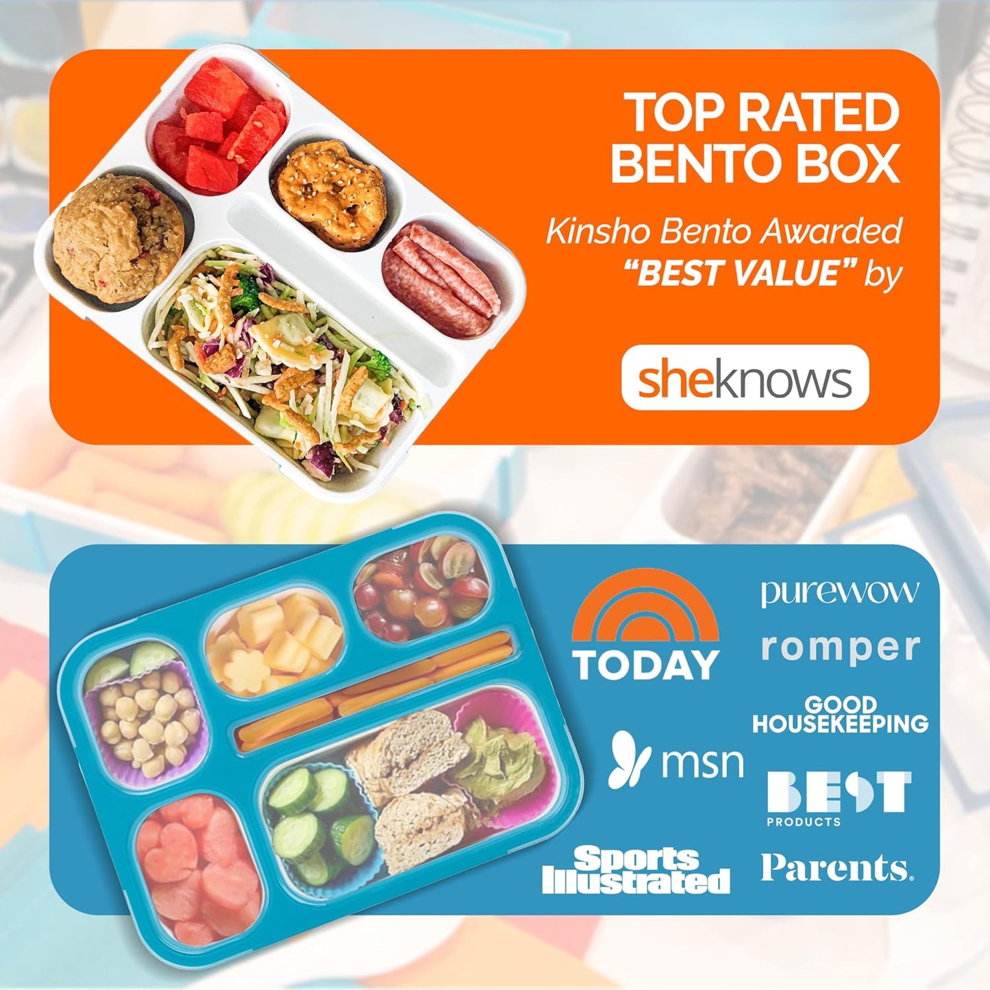 kinsho Bento Lunch-Box Set for Kids includes Snack Container | 6 and 3 Compartment Boxes Leakproof School Bentos, Meal Portion Control Containers, Boys Girls Adults, Navy Blue Large + MINI 2 Pack Set