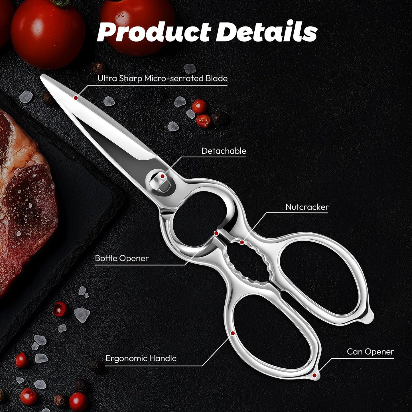 Stainless Steel Kitchen Shears Heavy Duty Full-Steel Forged Metal Scissors for Food, Professional Chef Shears Bone Cutting Meat Pizza Scissors Kitchen Utensils Come Apart, Silver