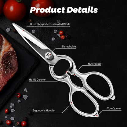 Stainless Steel Kitchen Shears Heavy Duty Full-Steel Forged Metal Scissors for Food, Professional Chef Shears Bone Cutting Meat Pizza Scissors Kitchen Utensils Come Apart, Silver