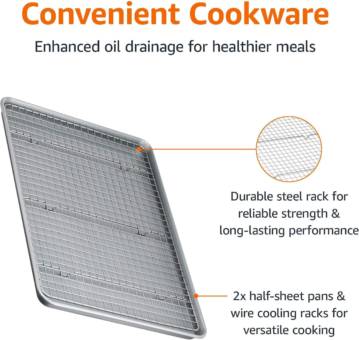 Amazon Basics Ceramic Nonstick Baking Sheets & Cooling Rack Set, Dishwasher Safe, Oven Safe, Half Sheet Size, Gray