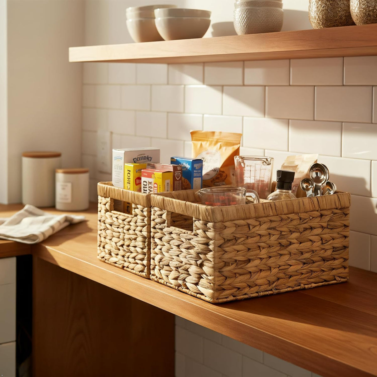 Water Hyacinth Storage Baskets Set of 2 - Medium Decorative Wicker Baskets for Organizing Shelves, Rectangular Woven Storage Bins with Handles for Pantry, Bathroom, Living Room 13"x9"x7"