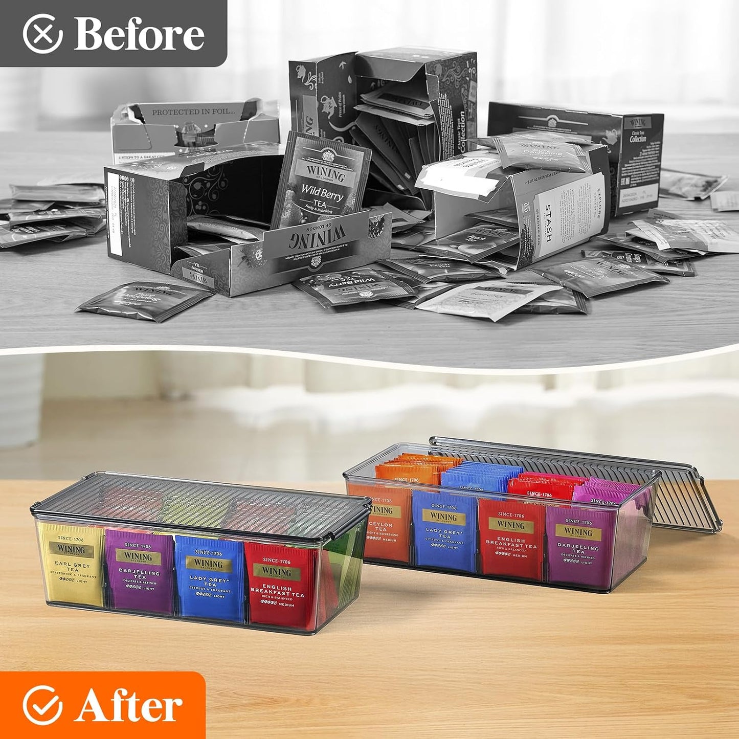 Lifewit Tea Bag Organizer with lids, Plastic Teabag Box with 16 Compartments, Stackable Divided Storage Containers for Cabinet, Pantry, Countertop, Sugar Packets, Clear, 29 cm/11.5 inch L, 2 Pack