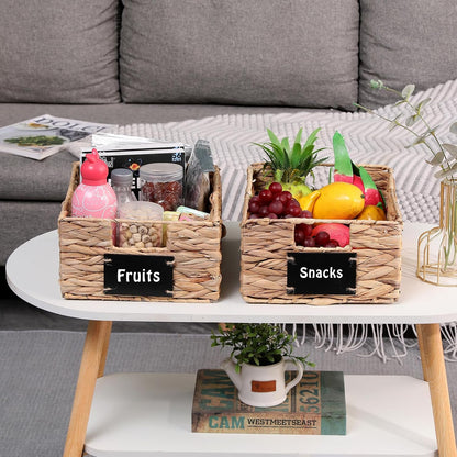 LYJWOO6D Water Hyacinth Storage Baskets Set of 4 Wicker Pantry Baskets,Hand-Woven Foldable Seagrass Organizers with Chalkboard Labels and Chalk Marker,Rectangular Shelf Basket for Organizing