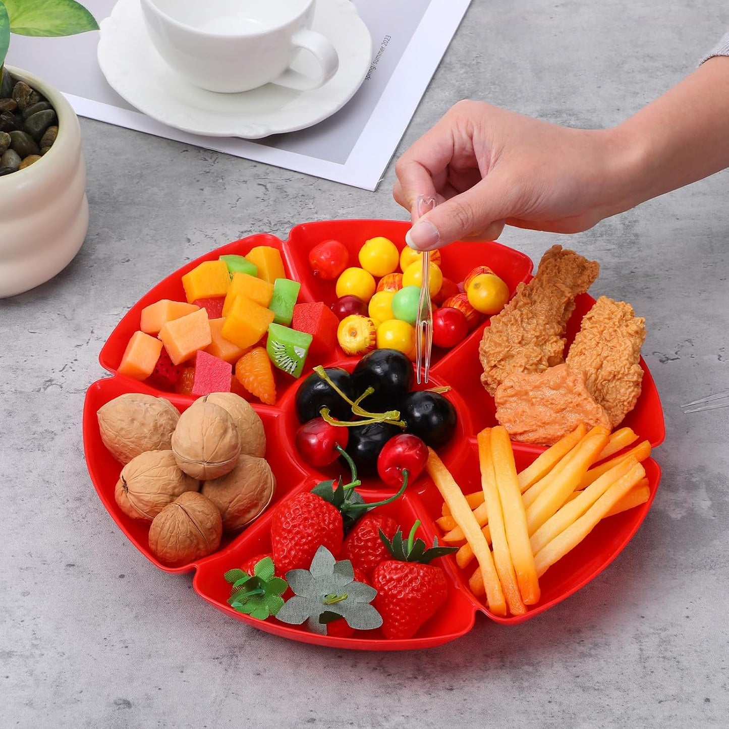 8-Pack Plastic Divided Serving Trays with 100 Forks, 7-Compartment Round Chip & Dip Plates, 10.4" Snack Platters for Party, Candy, Nuts, Fruits (8 Vibrant Colors)