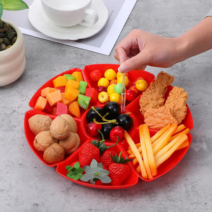 8-Pack Plastic Divided Serving Trays with 100 Forks, 7-Compartment Round Chip & Dip Plates, 10.4" Snack Platters for Party, Candy, Nuts, Fruits (8 Vibrant Colors)