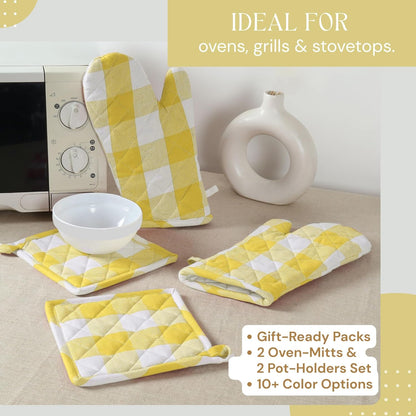 Oven Mitt (7"x13") & Pot Holder (8"x8") 100% Cotton Set of Heat Resistant Oven Gloves & Hot Pads for Gifts, BBQ, Cooking, Baking, Thanksgiving - Mustard Yellow