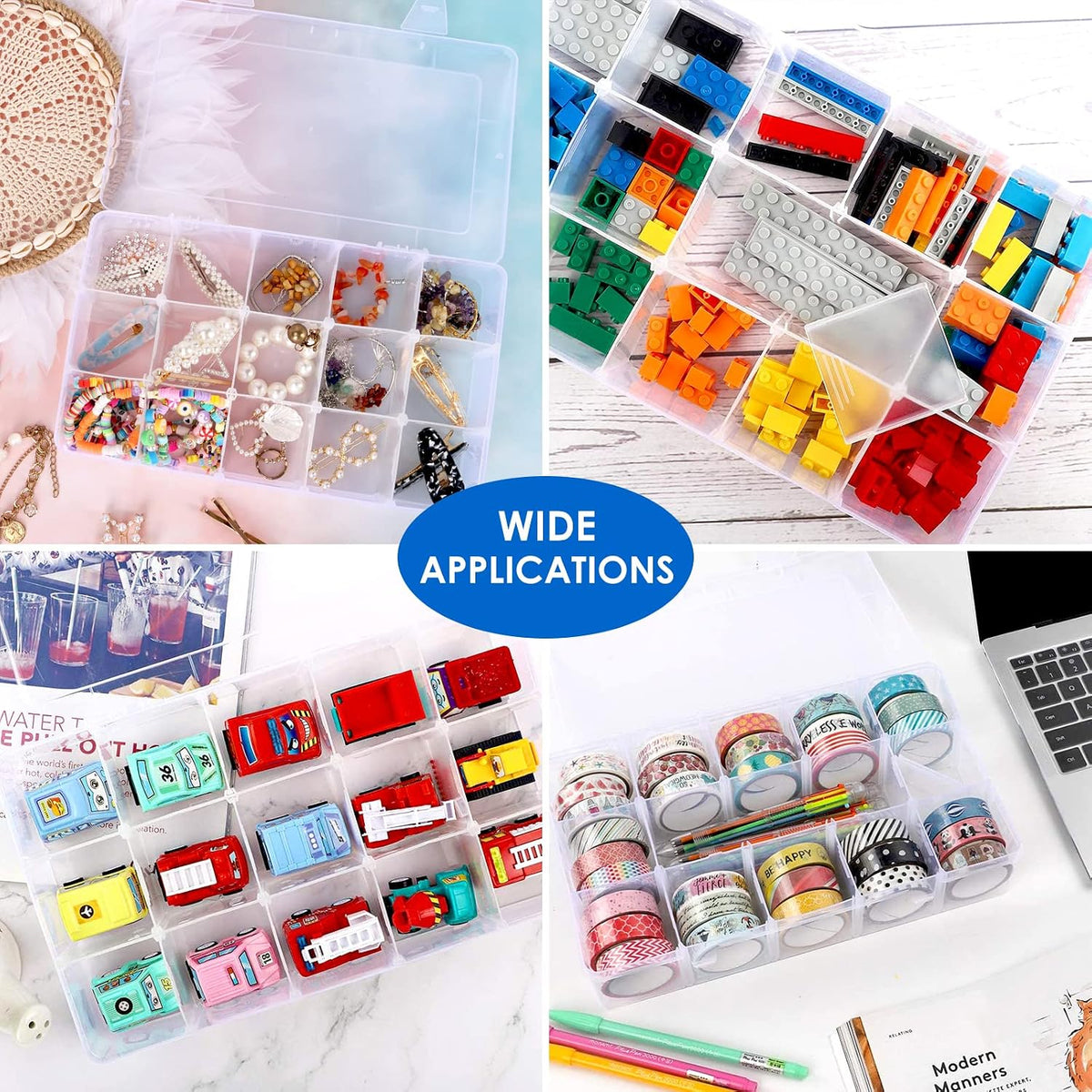 SGHUO 3 Pack 15 Grids Large Plastic Storage Organizer Box,15 Compartments with Dividers for Tackle Box, Beads, Washi Tape, Ribbon, Crafts, Art Supply 10.9X6.5X2.2inch