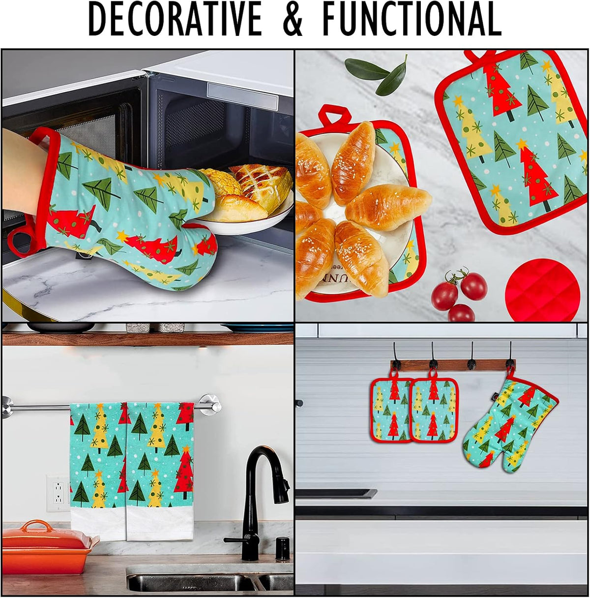 Oven Mitts and PotHolders Sets, 4 Pcs Kitchen Oven Glove High Heat Resistant 400°F Pot Holders for Kitchen, Non-Slip Neoprene Oven Mitts are Suitable for Cooking, Baking (Black)