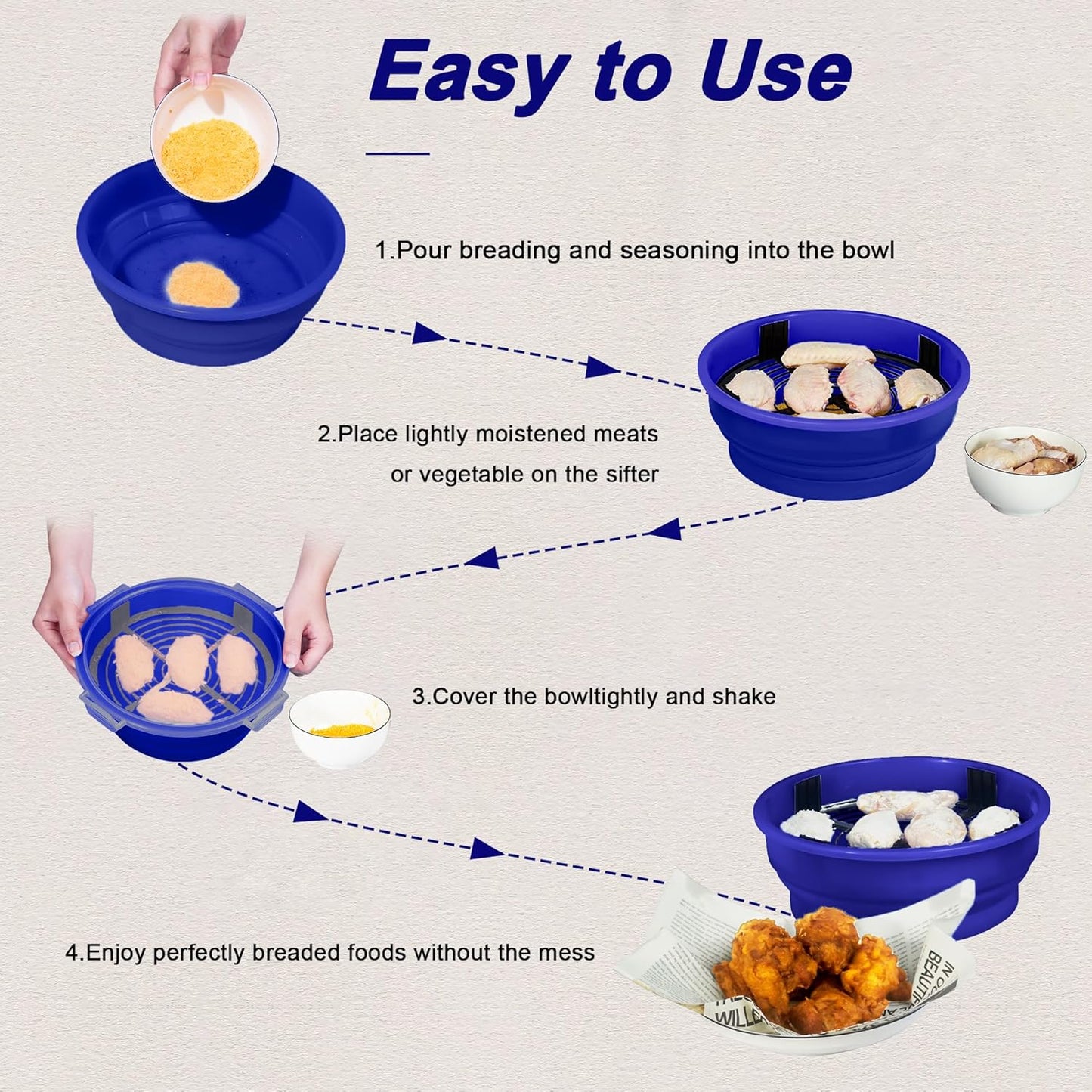 FJNATINH Collapsible Batter Bowl - Mess Free Better Breader Shaker Bowl with Lid Breading Shaker Container for Fried Fish, Fried Chicken, Onion Rings & More,No Leak,Easy to Store,Light Blue
