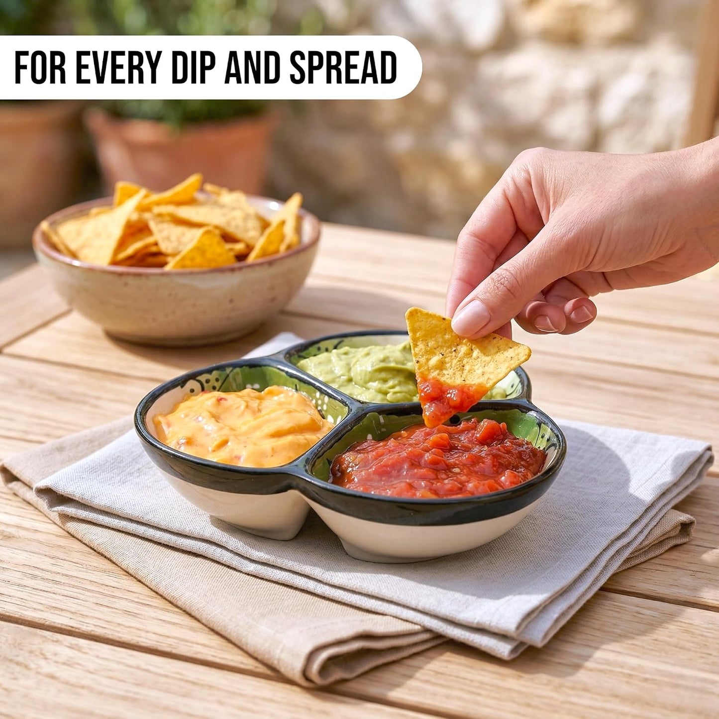 Ceramic Chip & Dip Bowl 7.5”, 3-Compartment Divided Serving Dish & Condiment Tray for Appetizers – Handmade in Spain, Lead-Free Glaze, Microwave, Oven & Dishwasher Safe