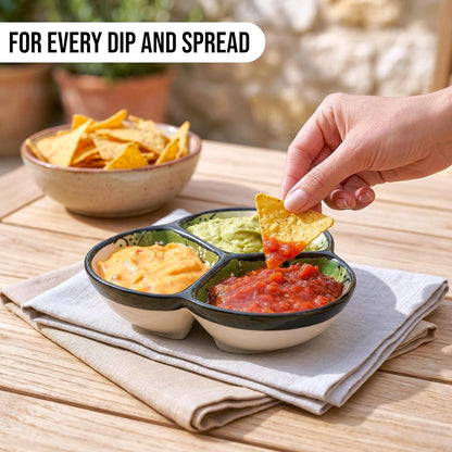 Ceramic Chip & Dip Bowl 7.5”, 3-Compartment Divided Serving Dish & Condiment Tray for Appetizers – Handmade in Spain, Lead-Free Glaze, Microwave, Oven & Dishwasher Safe