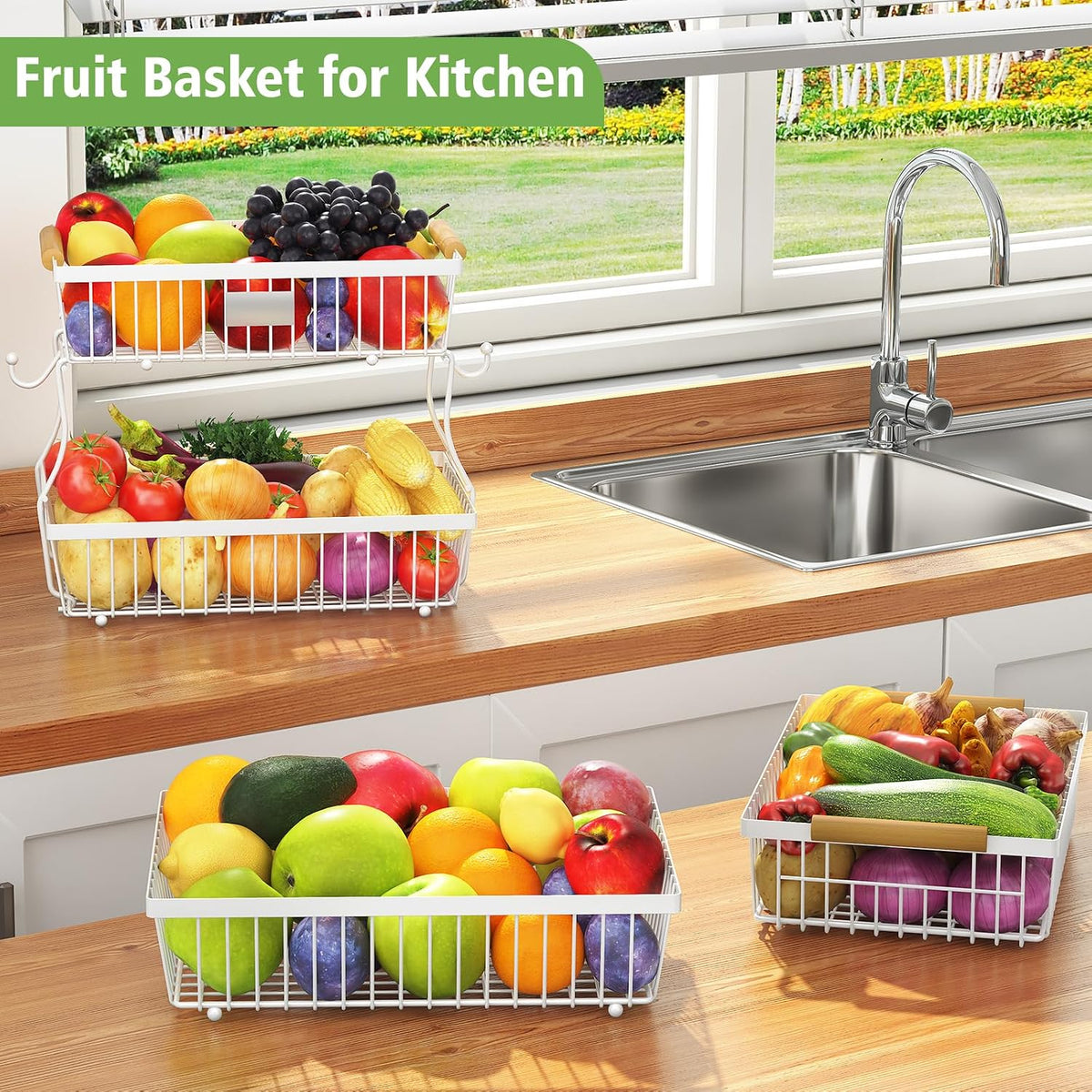 2 Tier Fruit Basket for Kitchen Counter with 2 Banana Hangers, Countertop Metal Bread Basket with Wooden Handle, Large Storage Stand for Vegetables, Snacks, Eggs, Produce Storage – Black