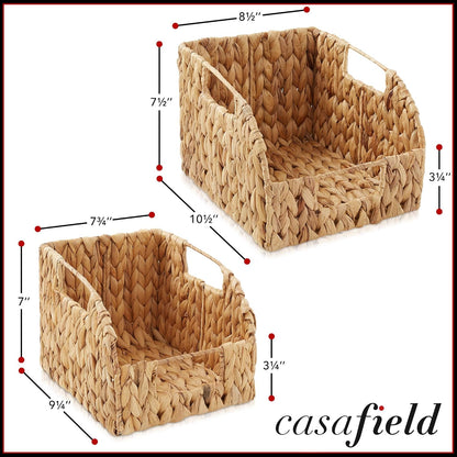 Casafield Set of 2 Water Hyacinth Pantry Baskets with Handles - Espresso, Woven Storage Bin Organizers for Kitchen Shelves, Medium and Large Sizes