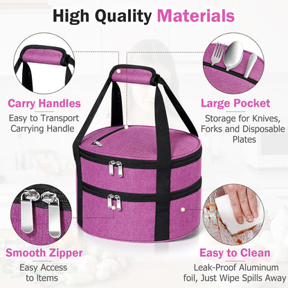 Round Insulated Casserole Carrier – 12" Portable Pie Carrier Bag for Hot or Cold Food, Leakproof Thermal Lunch Tote with Handle for Parties Picnic & Travel - Grey