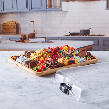 Farberware Build-A-Board Bamboo Cutting Board with Built-In Compartments & Clear Locking Lid, Black Handles, Charcuterie, Snack Tray, Food Prep and Serving Platter