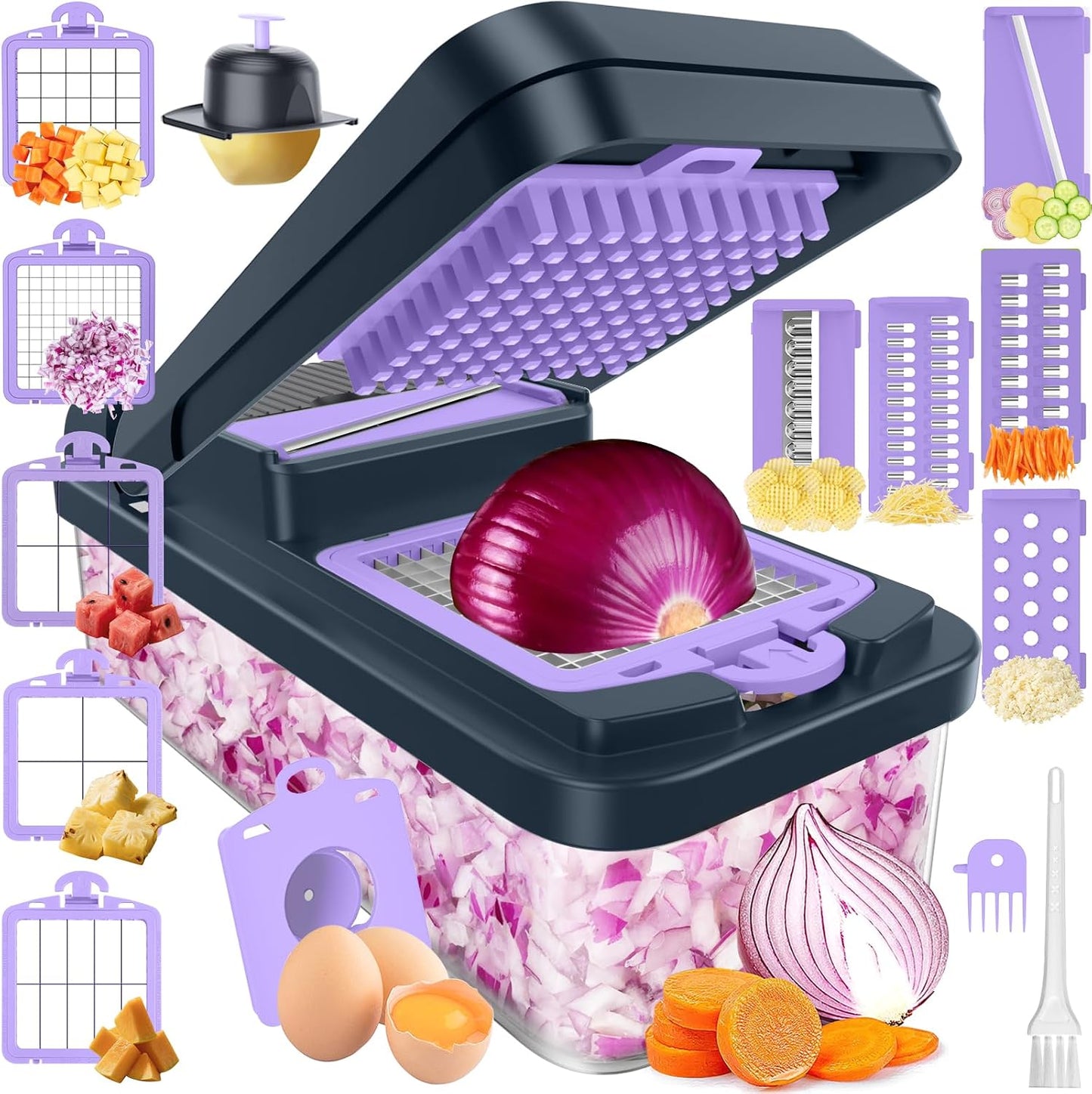 SpaceHacks 12-in-1 Vegetable Chopper, Kitchen Gadgets with 7 Blades, Veggie, Food, Onion Chopper, Cucumber Slicer, Versatile Mandoline, Includes Egg Separator & Finger Guard, Gray
