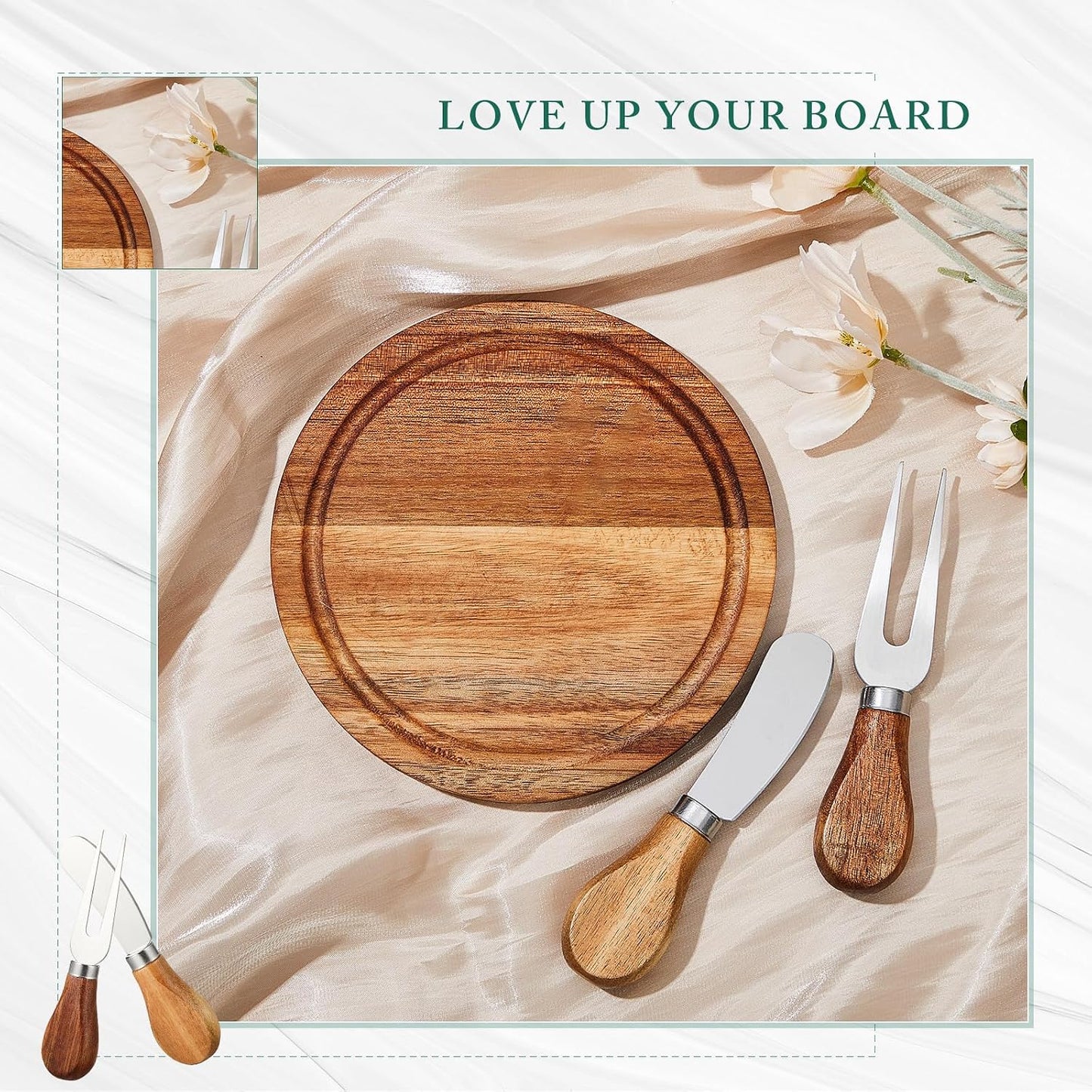 Maxcheck 6 Sets Baby Shower Bridal Game Prizes for Winners Round Cheese Board Set Wood Mini Charcuterie Board with Knives and Forks Thank You Card with Gift Box for Guests Wedding (Bamboo)