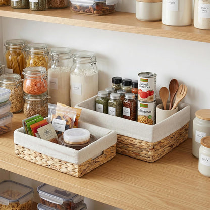 Set of 2 Hyacinth Woven Baskets, Lined Rect Pantry Shelf Storage Organizer | Durable, Long-lasting use, Removable & Washable Liner, Multi-Size Set for Versatile Storage,Two Rectangular Baskets