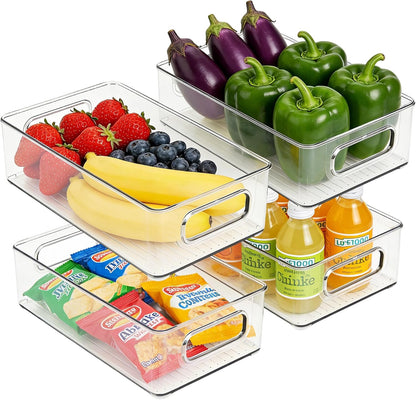 LotFancy Refrigerator Organizer Bins, 4 Pack,10x6x3 in, BPA Free Clear Plastic Storage Bins for Pantry Organization, Stackable Containers with Handles for Fridge, Kitchen Drawer, Freezer, Cabinet
