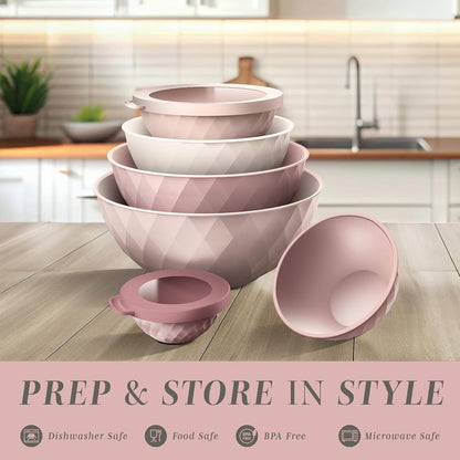 COOK WITH COLOR Mixing Bowls with Lids - 12 Piece Plastic Nesting Bowls Set includes 6 Prep Bowls and 6 Lids, Microwave Safe Mixing Bowl Set, Pink Embossed - Colors B