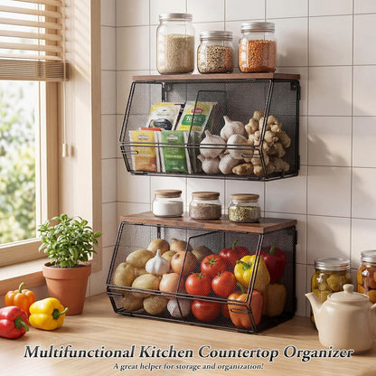 Teenyyou 2 Pcs Stackable Mesh Fruit Basket with Lid Wall Produce Vegetable Storage Basket Onion Potato Hanging Metal Wire Container for Kitchen Counter Pantry(Non-removable,Black,8.3" w & 13.8" l)