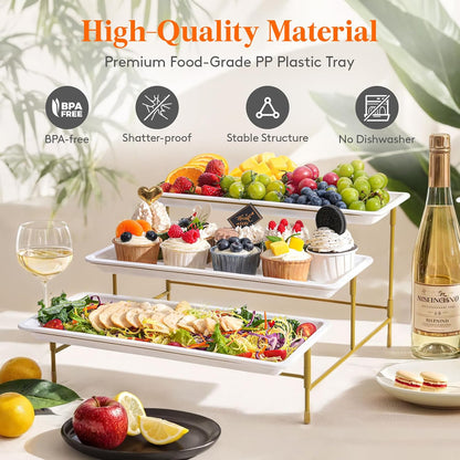 Lifewit 3 Tier Serving Tray for Party, 36 x 17 cm/14 x 6.5 Plastic Serving Platters, White Tiered Tray Stand with Gold Collapsible Metal Stand, Decorative Dessert Table Display Set for Buffet