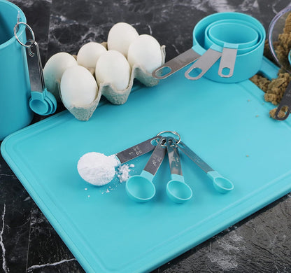 Batter Bowl With Pour Spout, Non-Slip Base,Space Saving Detachable Handle with Lid, Mixing with Measuring Spoons and Cups 2 QT Heavy Duty BPA-Free Microwave & Dishwasher Safe (Turquoise)