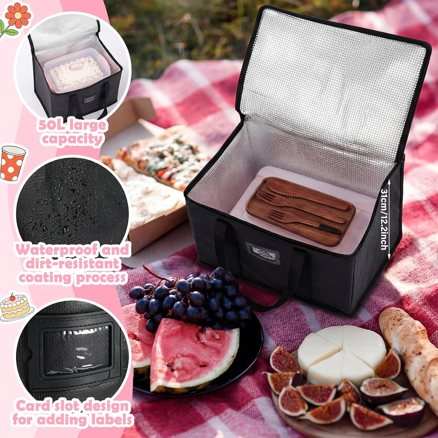 14.7 x 10.9 x 5.9 Inch Rectangle Cake Carrier with Lid and Handle Includes Cupcake Pie Holders Large Waterproof Portable Insulated Bag Pink Cake Carrier with Insert for Secure Dessert Delivery