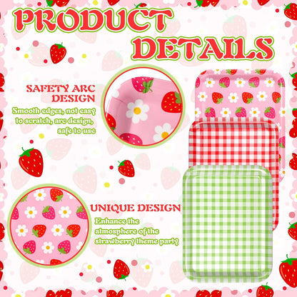 Tioncy 3 Pcs Strawberry Birthday Party Plates Pink Plastic Serving Tray for Summer Berry First Birthday Decoration, 13 x 10 Inch