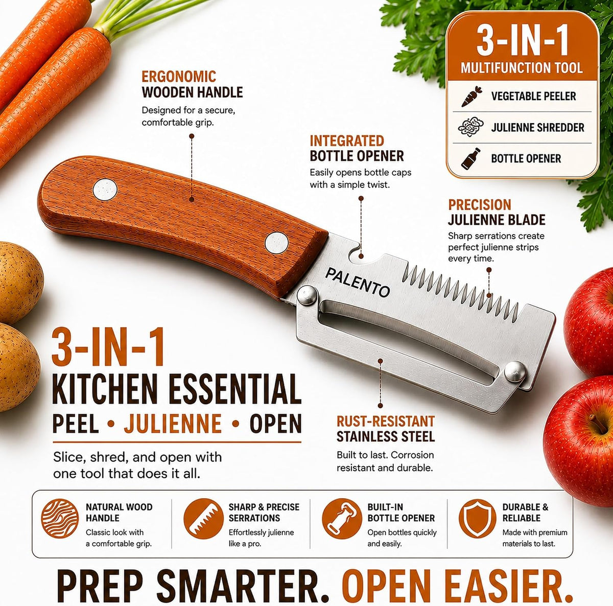 3-in-1 Vegetable Peeler, Julienne Peeler & Bottle Opener
