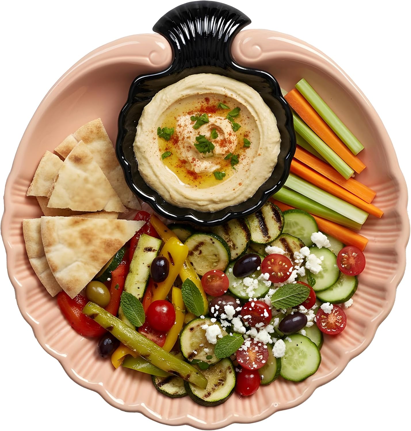 Servo Best Grey Ceramic Chip and Dip Platter, Shell Design Appetizer Serving Tray with Built-In Dip Bowl, Sectioned Snack Platter for Chips Salsa Veggies, Party Entertaining Serveware Gift