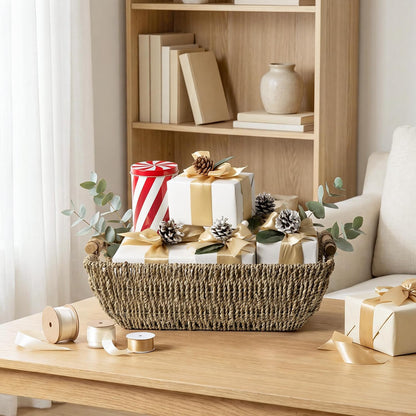 StorageWorks Hand-Woven Storage Baskets with Wooden Handles, Water Hyacinth Wicker Baskets for Organizing, 2 Pack