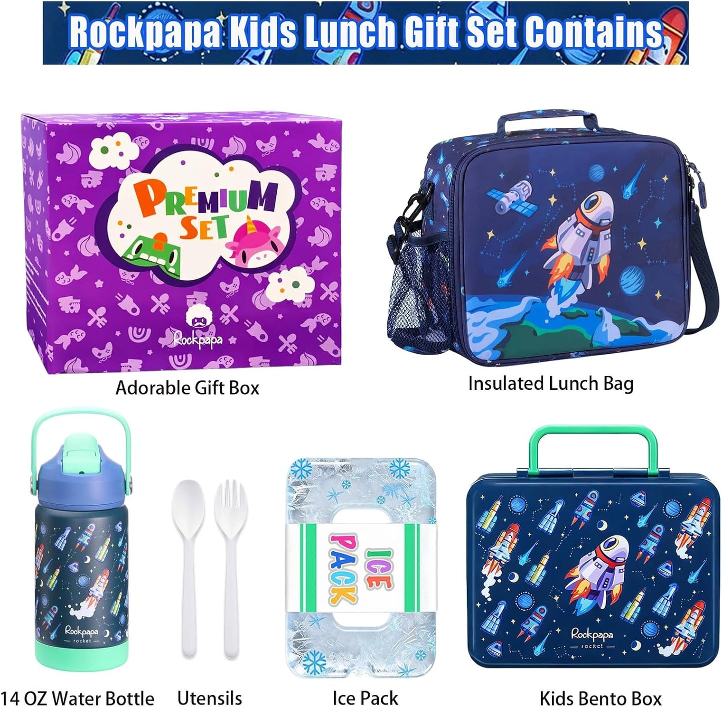 rockpapa Chill Kids Lunch Box Set with Leakproof 5.5 Cups Bento Box, Reusable Ice Pack, 14oz Insulated Water Bottle & Lunch Bag, BPA-Free Microwave Safe for School Boys Girls (Black Games)