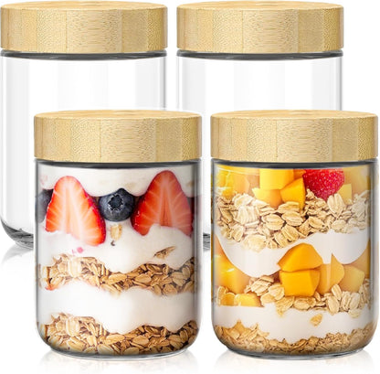 6 Pack 16oz Overnight Oats Containers with Bamboo Lids, Glass Jars with Airtight Lids for Meal Prep, Wide Mouth Mason Salad Jars, Glass Food Storage Container for Yogurt Chia Snacks Spice Sugar