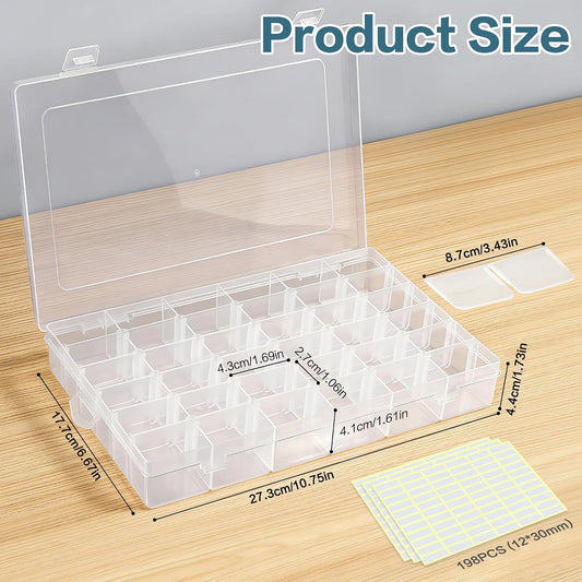 DILIBRA 5 Pack 36 Grids Large Plastic Organizer Box with Adjustable Dividers, Clear Craft Organizers Bead Organizers with Label Stickers, Compartment Container for Beads Crafts Jewelry Fishing Tackles