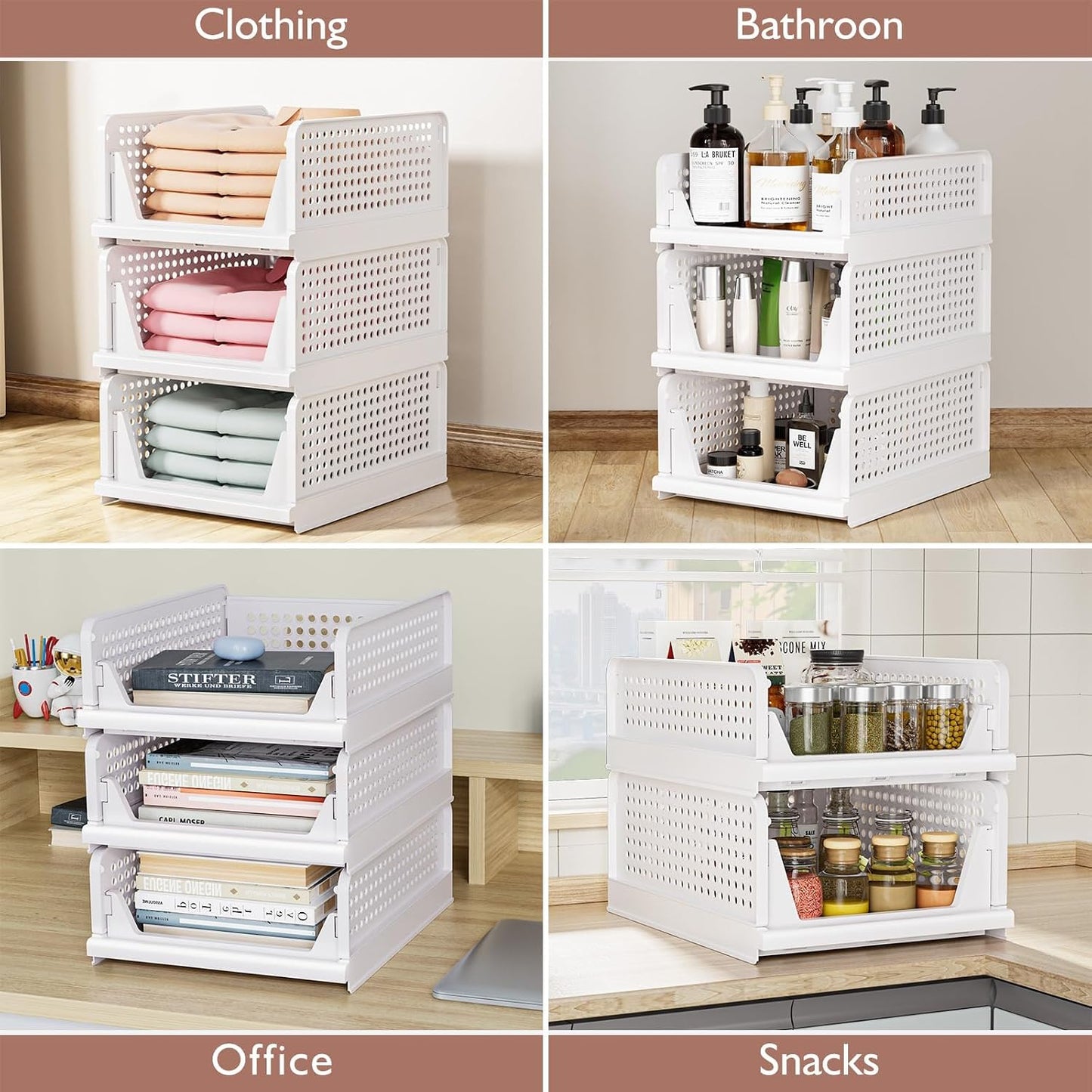 CTSNSLH 5 Pack Closet Organizers Storage Box, Closet Storage Stackable Storage Bins, Plastic Drawer Basket for Wardrobe Cupboard Kitchen Bathroom Office, White